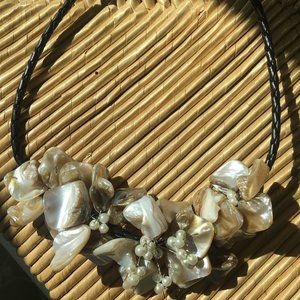 Shell, pearl bead and woven leather necklace